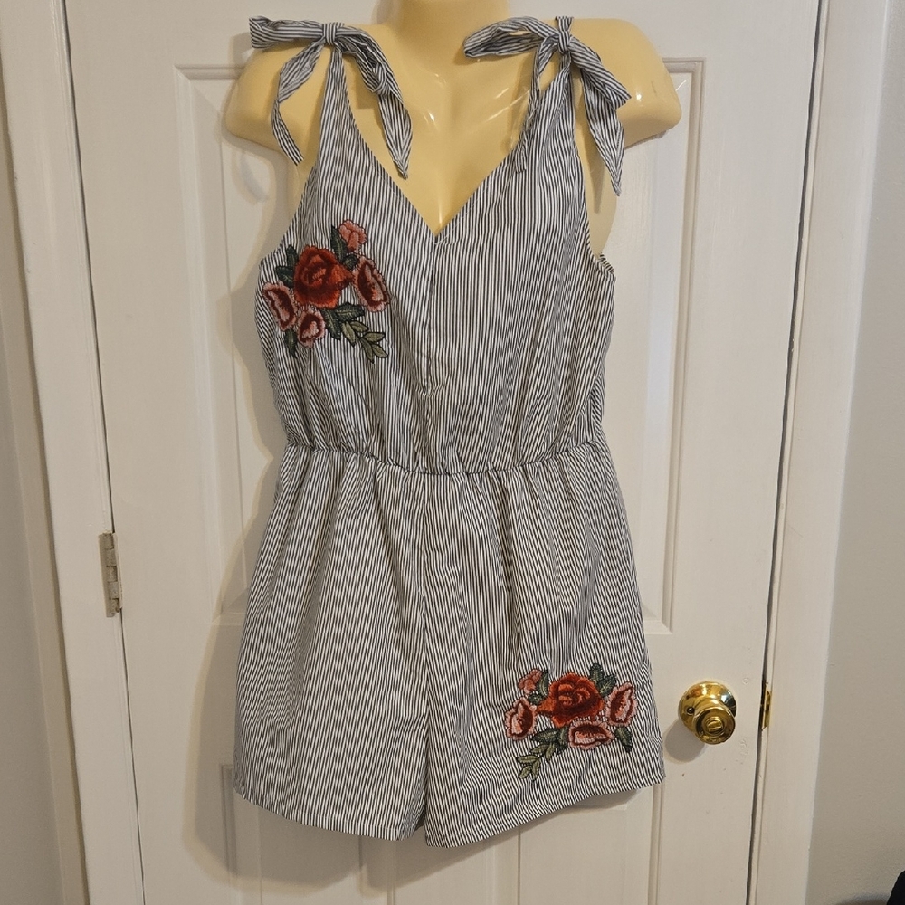 So Cute! Striped Romper with Floral Embroidery